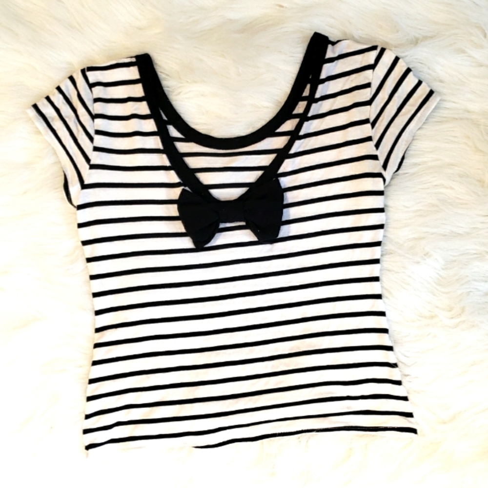 Black White Striped low back cut bow detail